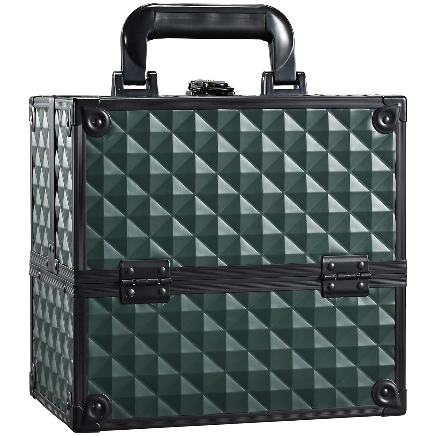 FRENESSA Makeup Case Makeup Box Cosmetic Train Cases Portable Make Up Artist Travel Case Storage Box 4 Trays with Dividers Lockable Hard Makeup Box Craft Nail Kits Case Drak Green