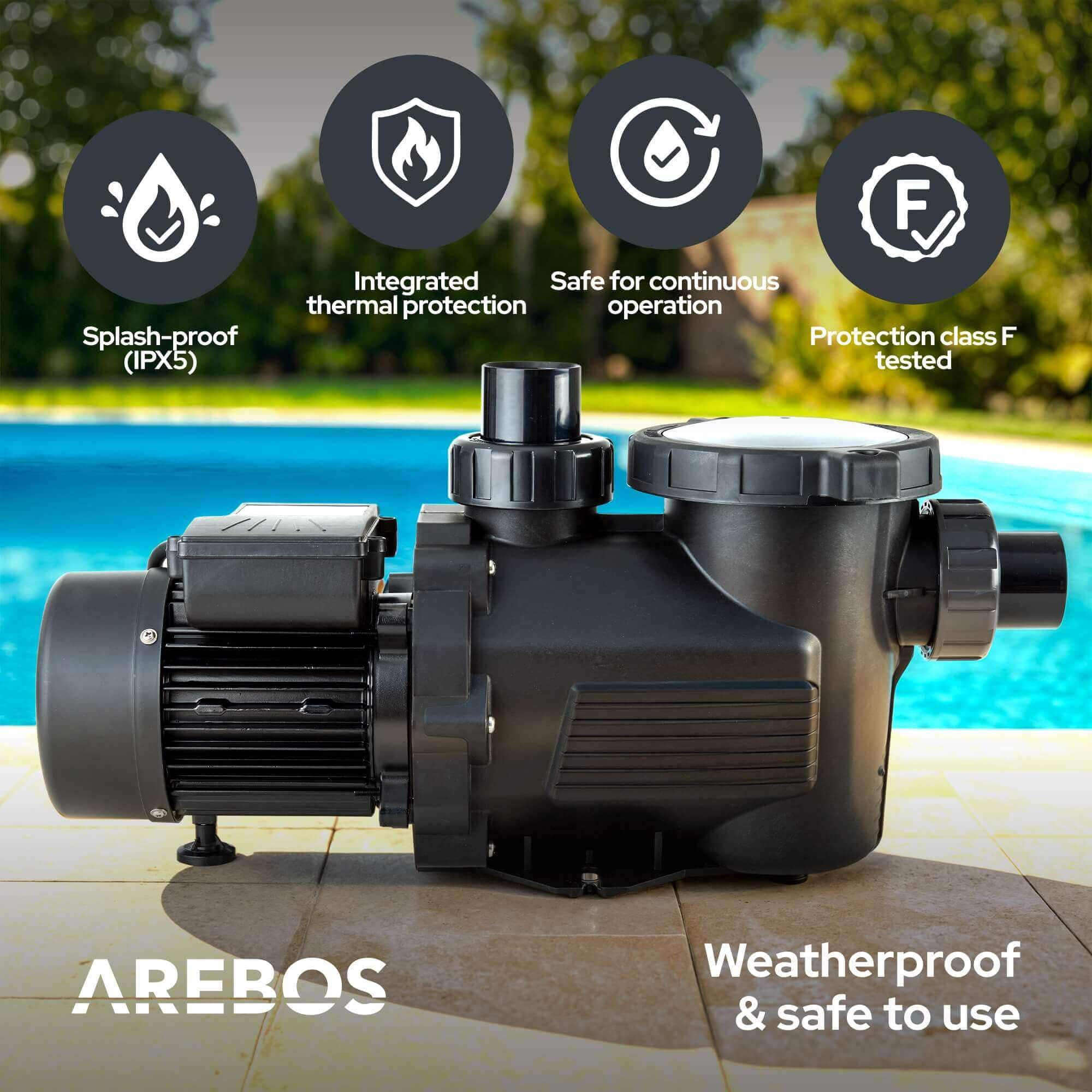 Arebos Bomba de piscina de 800 W | bomba de filtro con prefiltro y 19000 l/h | bomba de piscina para sistema de filtro de arena y sistema de filtro | potente y energéticamente eficiente