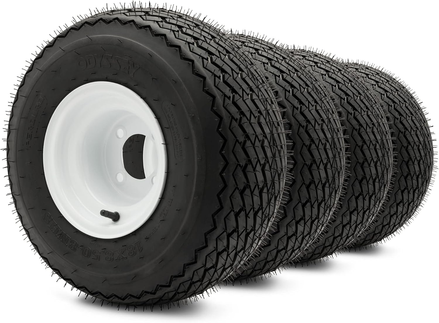 Glossy White Steel Golf Cart Wheels and Odyssey Perduro Tires