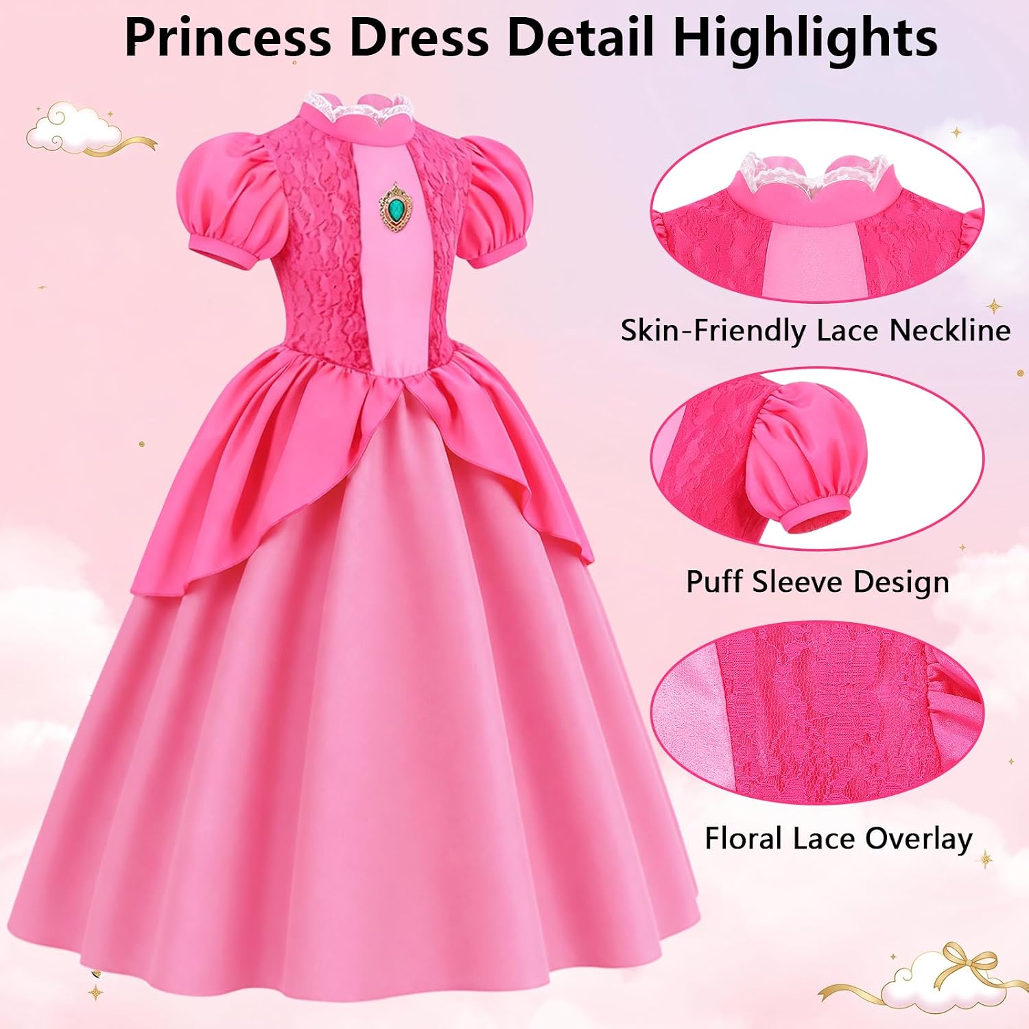 Pink Princess Costume Kids Girls Princess Dress with Accessories Parasol