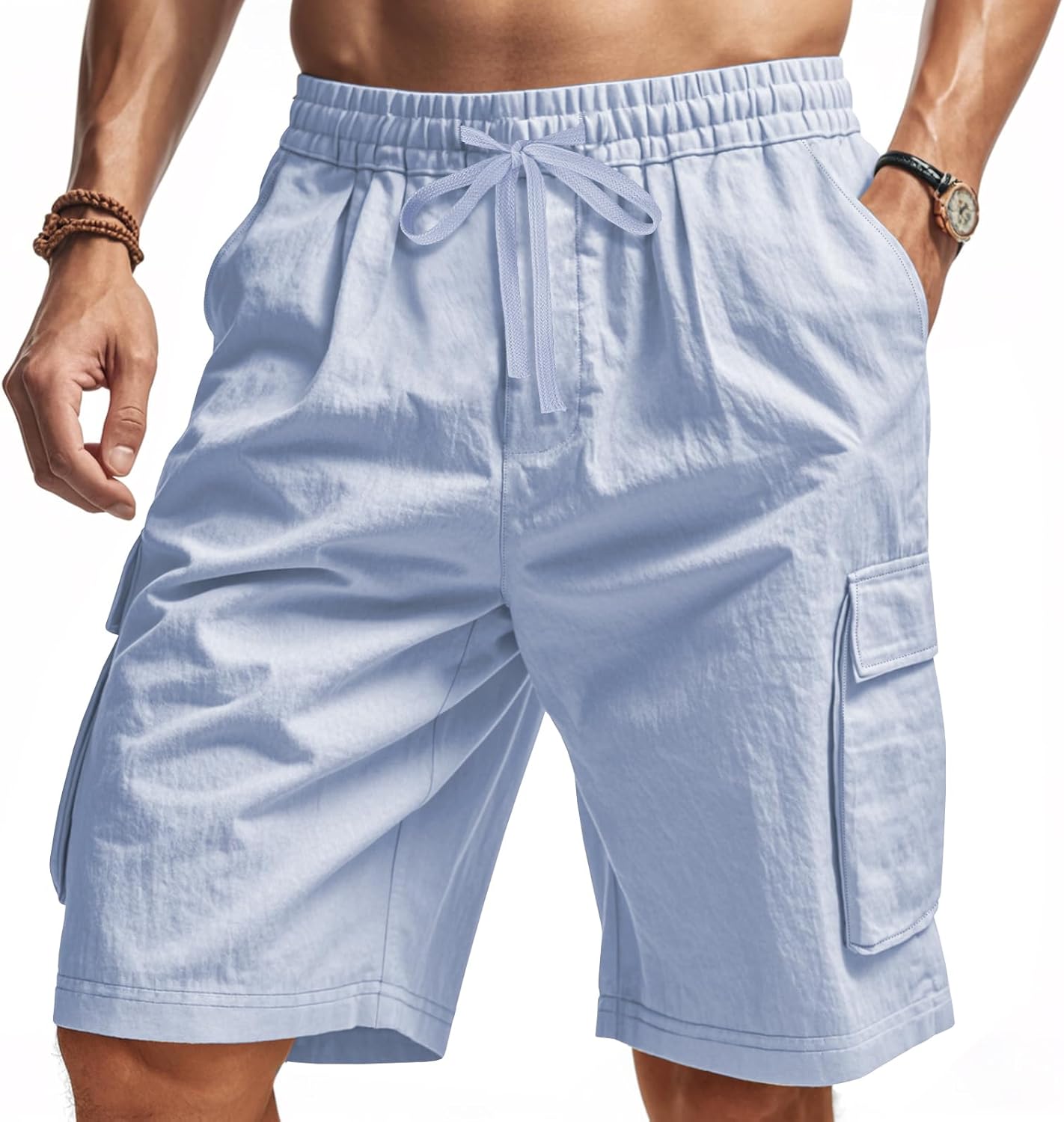 Men's Beach Cargo Shorts Waist with Drawstring Light Weight Multi-Pocket for Summer Outdoor Wear Athletic Short Pant