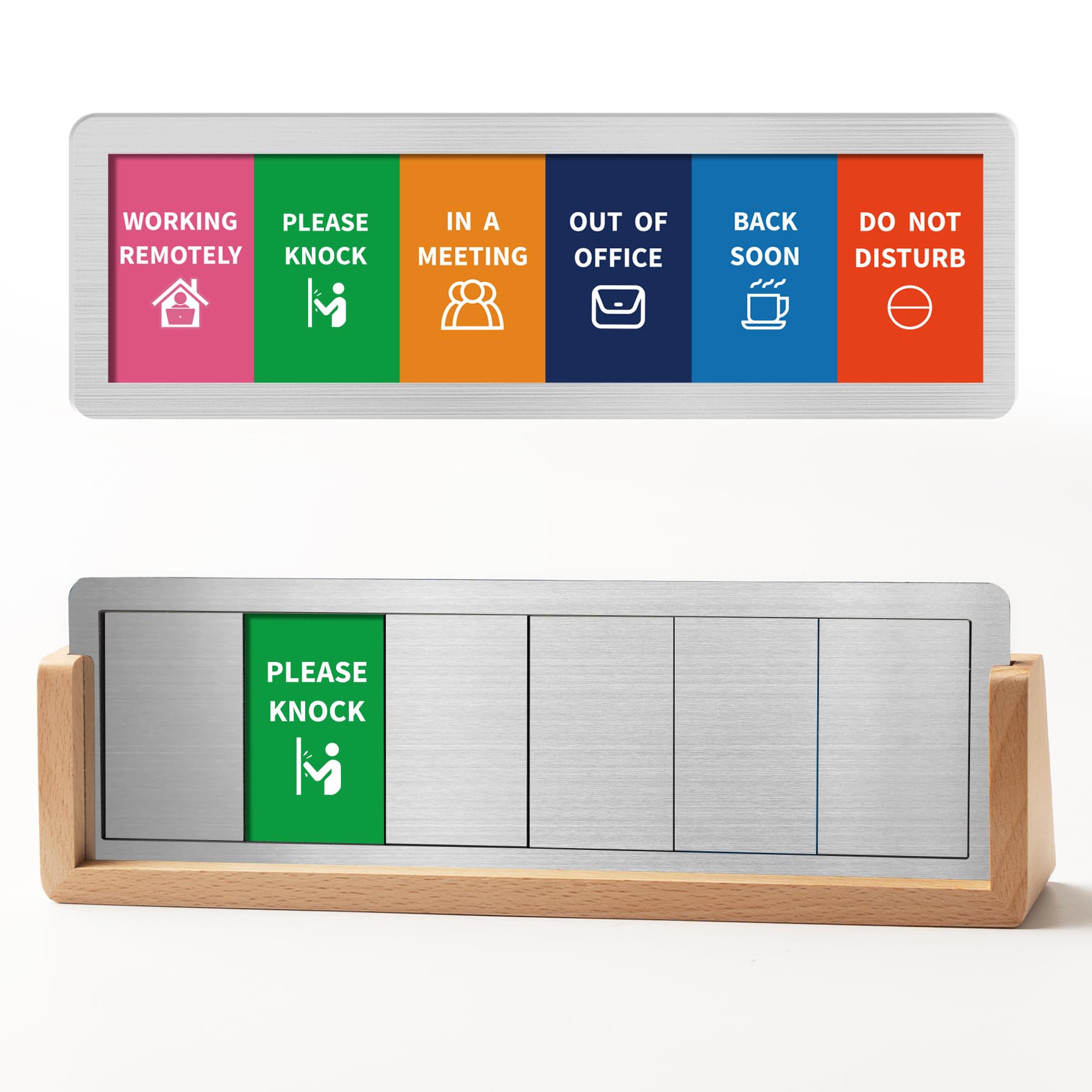 Do Not Disturb Office Desk Sign for 6 Options Slider, Available/Please Knock, In A Meeting, Out of Office, Working Remotely, Back Soon, Desk Signs for Conference Rooms with Raw Wood Base — image 1