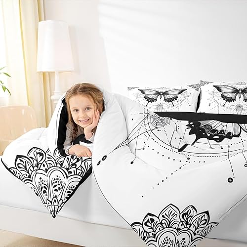 Miniatura 6 de Erosebridal Edredón de mariposa blanca con diseño de sol y luna, tamaño Queen, diseño de mandala bohemio, edredón de 3 piezas con estampado de