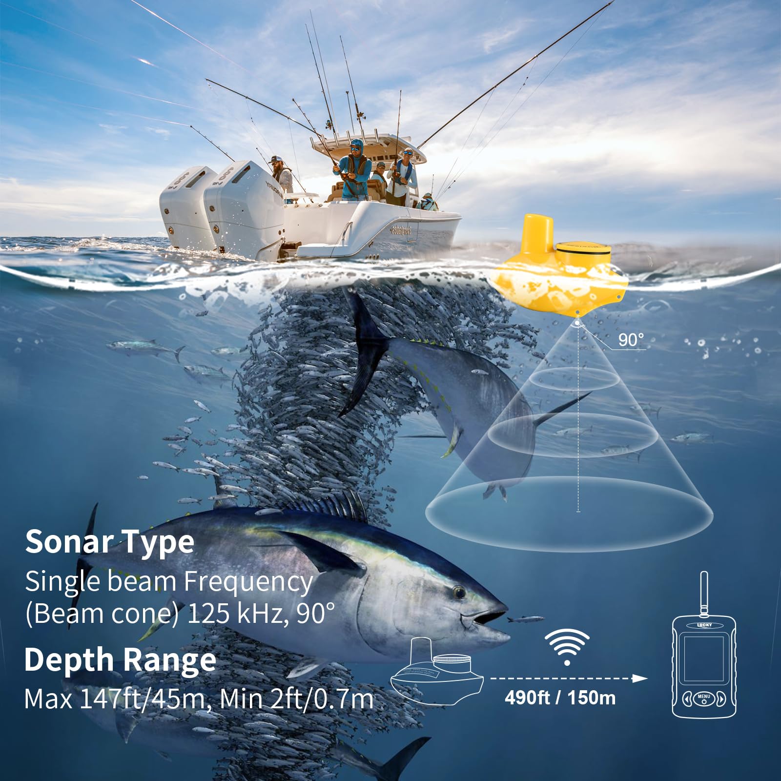 LUCKY Sondeur de Pêche sans Fil avec Mesure de la Profondeur de l'eau Sondeurs Portables pour Kayak Capteur Sonar Écran LCD Sondeur de Pêche pour Bateau pour la Pêche en Kayak Depuis Le Bord FFW718