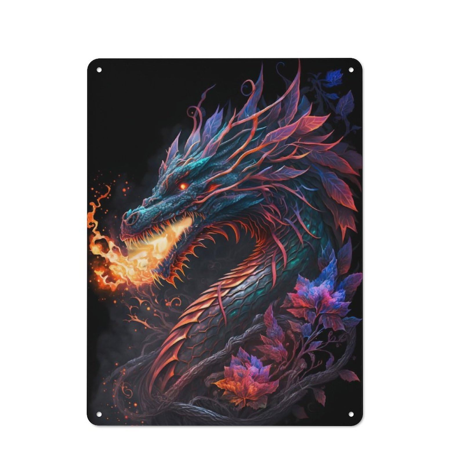 Junmoney Flowers Dragon Metal Plaque 40X30cm With For Pub Or Café, Rustic Decor, For Garage, Workshop And Man Cave Decoration
