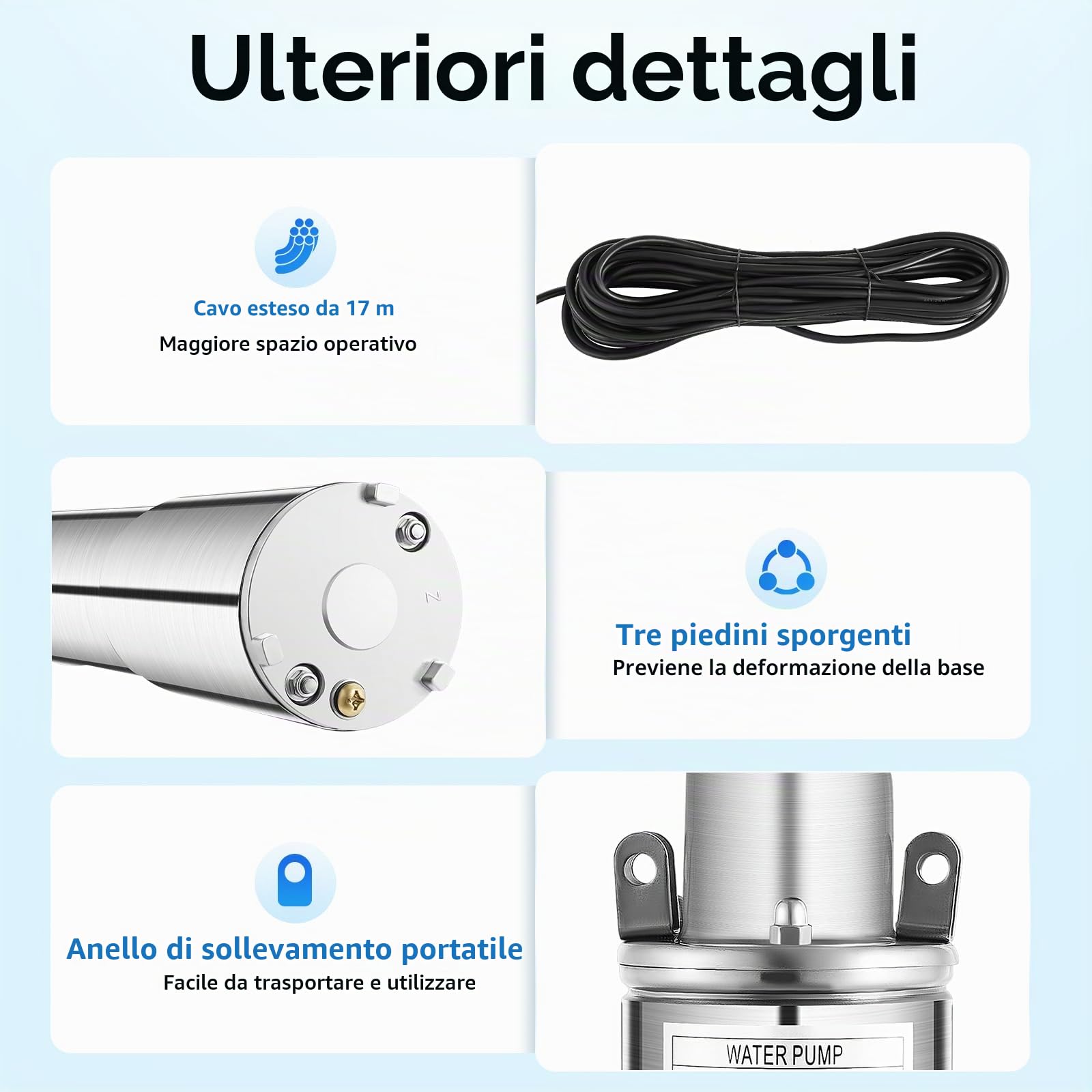 Pompa dell'acqua DC in acciaio inox, pompa da giardino, pompa per pozzi profondi, pompa per pozzi, pompa sommergibile 1,2 m³/h, 12 V, 180 W