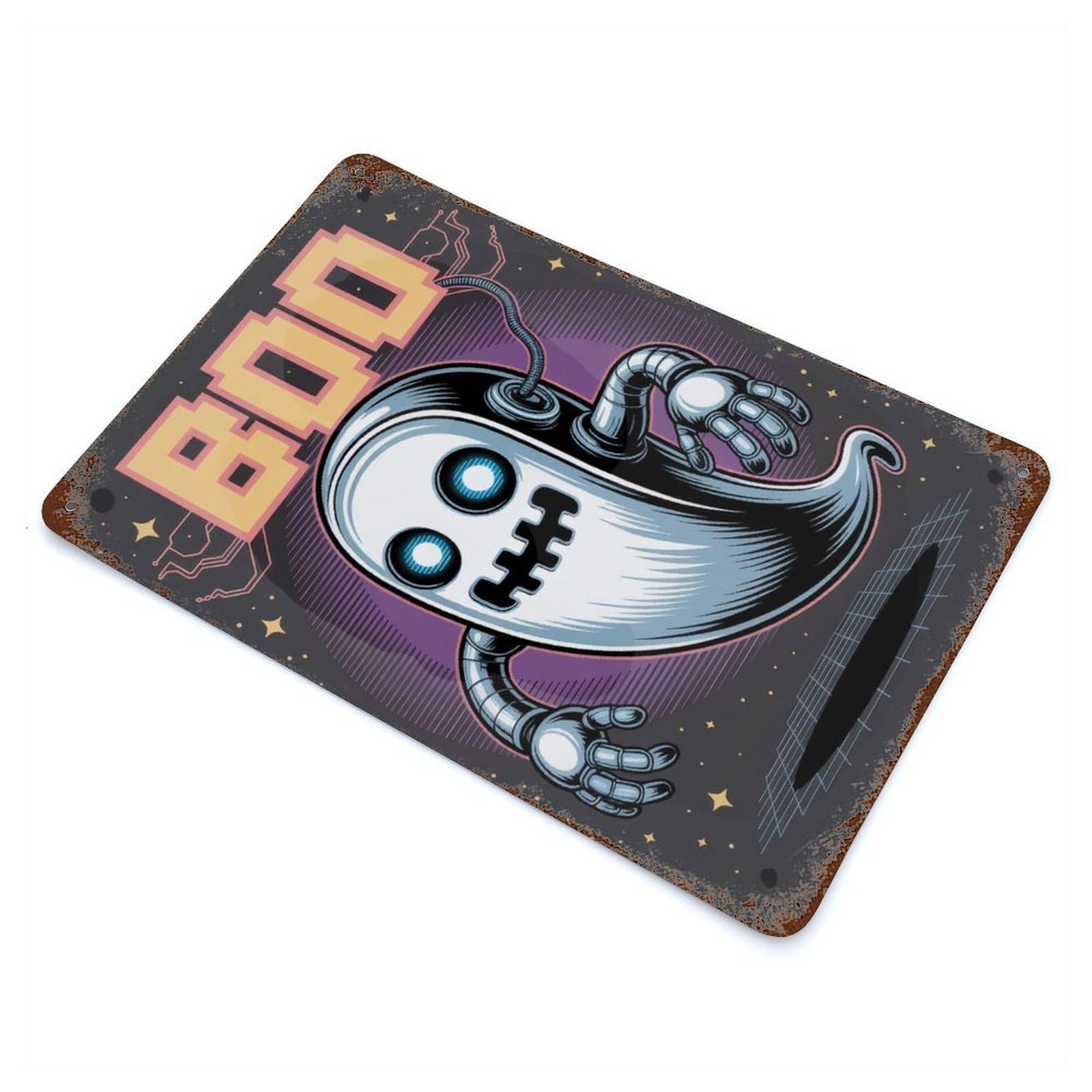 Robotic Ghost with Pixelated BOO Rusty Metal Tin Sign 11.8"x7.9", Ideal for Farmhouse, Kitchen And Entryway Decor