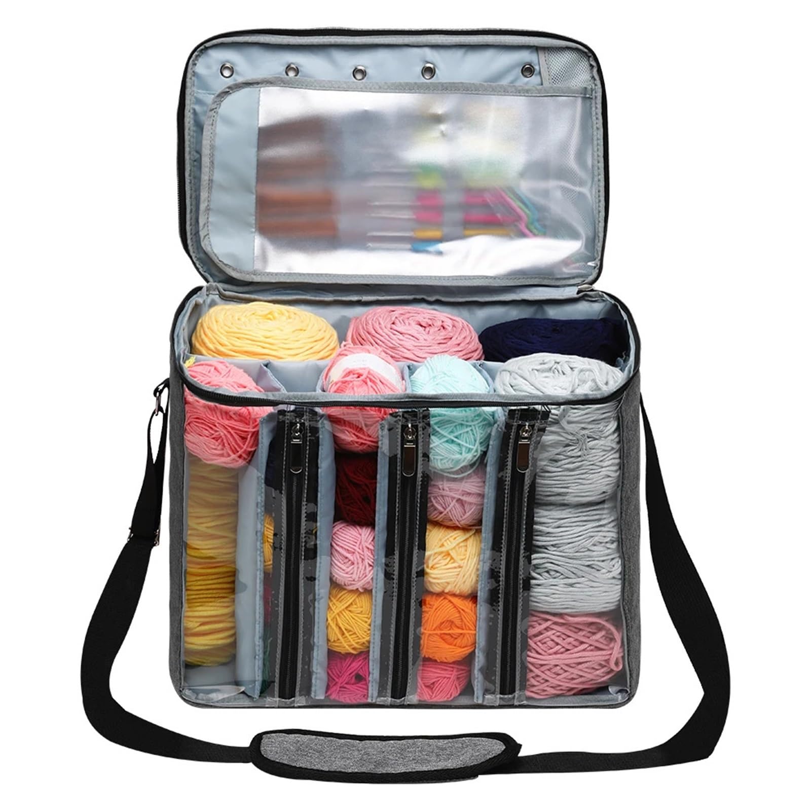 Bolsa de hilo, bolsa de almacenamiento for lanas Visible con correa for el hombro, bolso de mano tejido de tela Oxford, ganchos de tejer impermeables, bolsas(Gray)