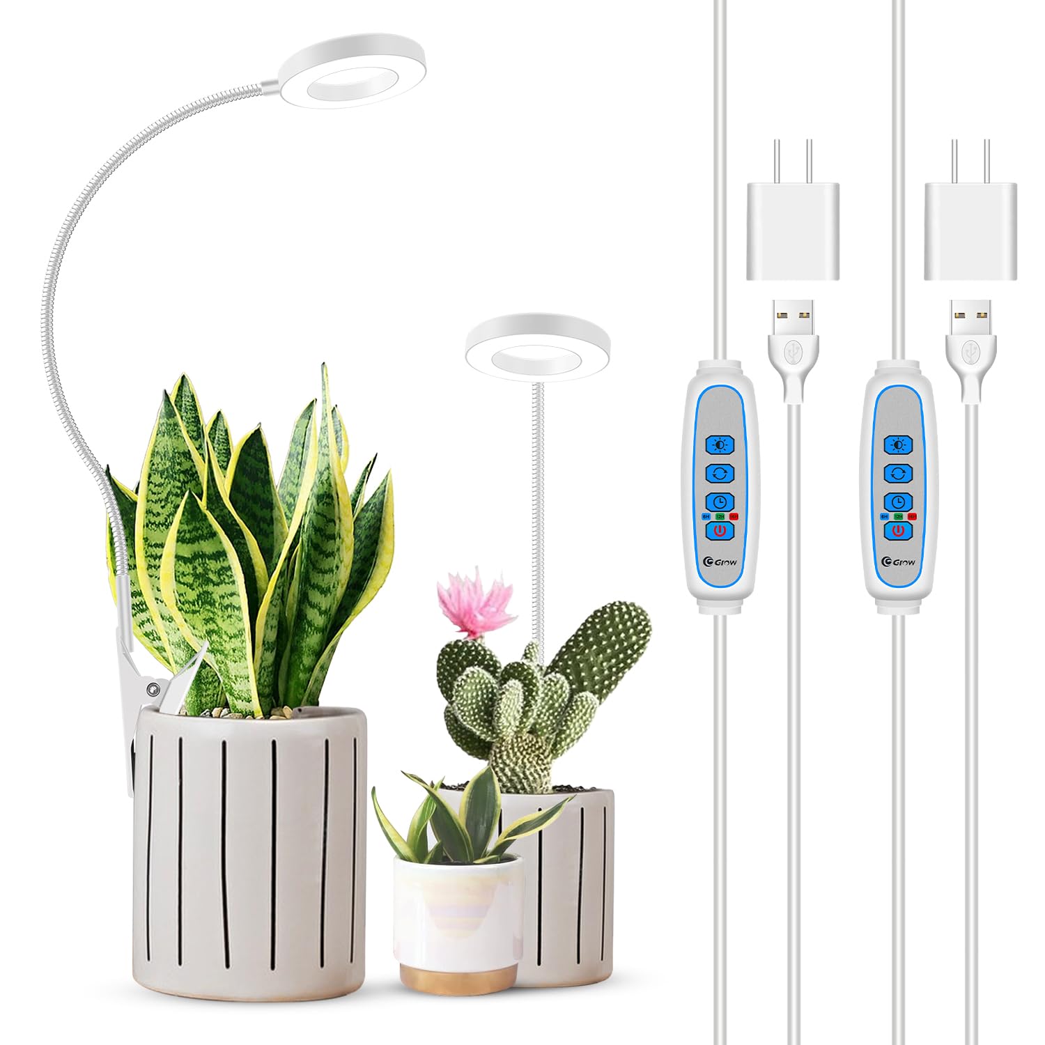 Xuligron Plant Light Clip on, 6500K White Full Spectrum Grow Lights for Indoor Plants, Halo Grow Lamp with 360° Gooseneck, 6/12/16H Timer, 3 Light Modes, 5 Level Dimmable Indoor Plant Light 2 Pack