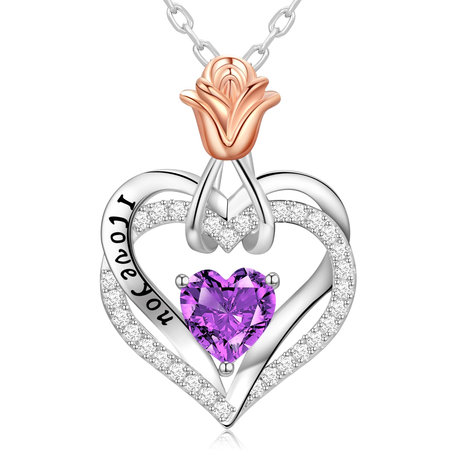 Silver Necklace for Women Birthday Gifts for Wife l Love You Heart Birthstone Jewelry for Girlfriend Her Anniversary Wedding Gift for Woman Sterling Silver Heart Pendant Necklaces for Mom Christmas