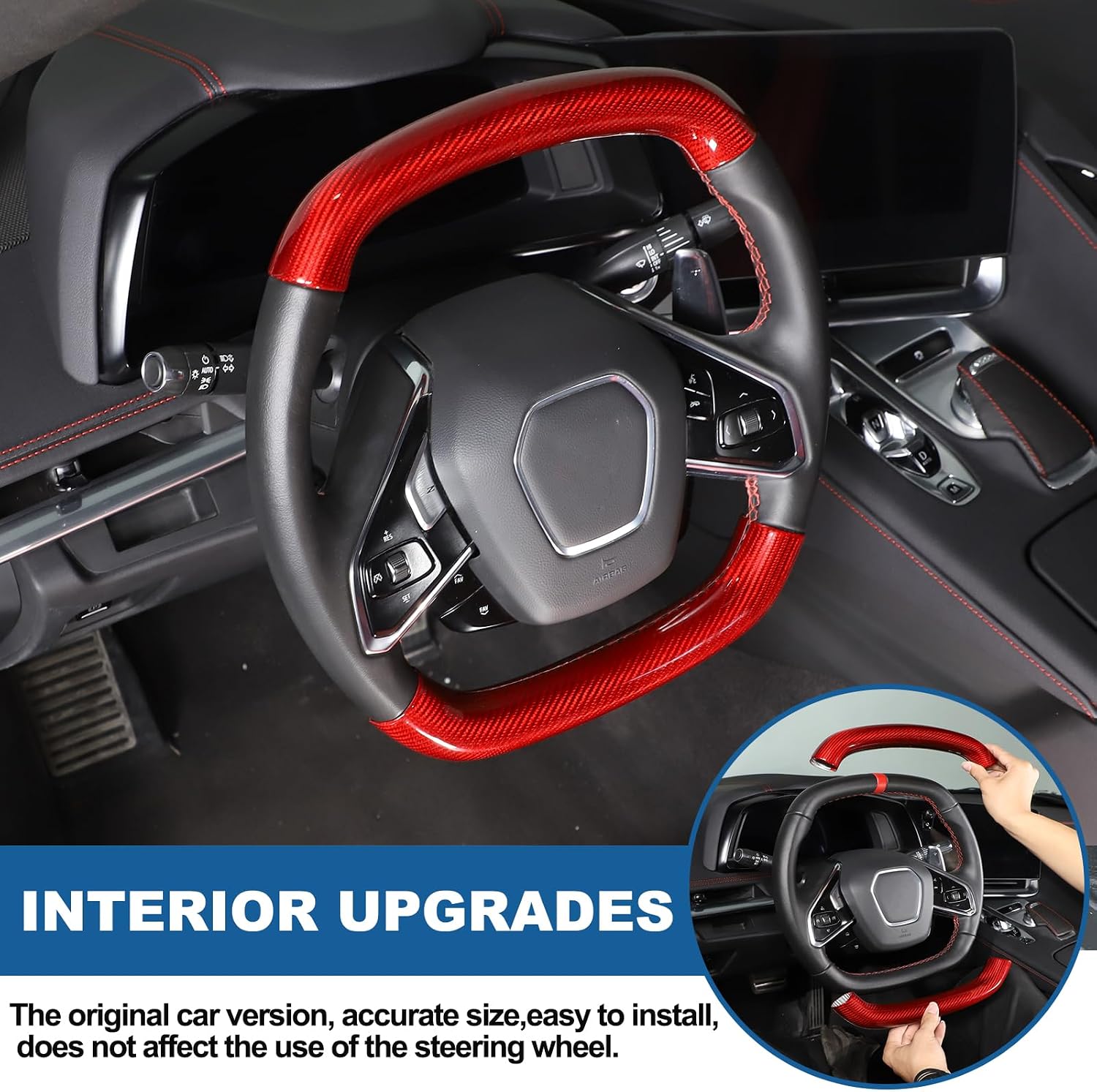 Steering Wheel Cover Trim Compatible with Chevrolet Corvette C8 2020-2026 100% Real Carbon Fiber 4PCS,Steering Wheel Circle Round Cover,Interior Protection Accessories (Red Carbon)