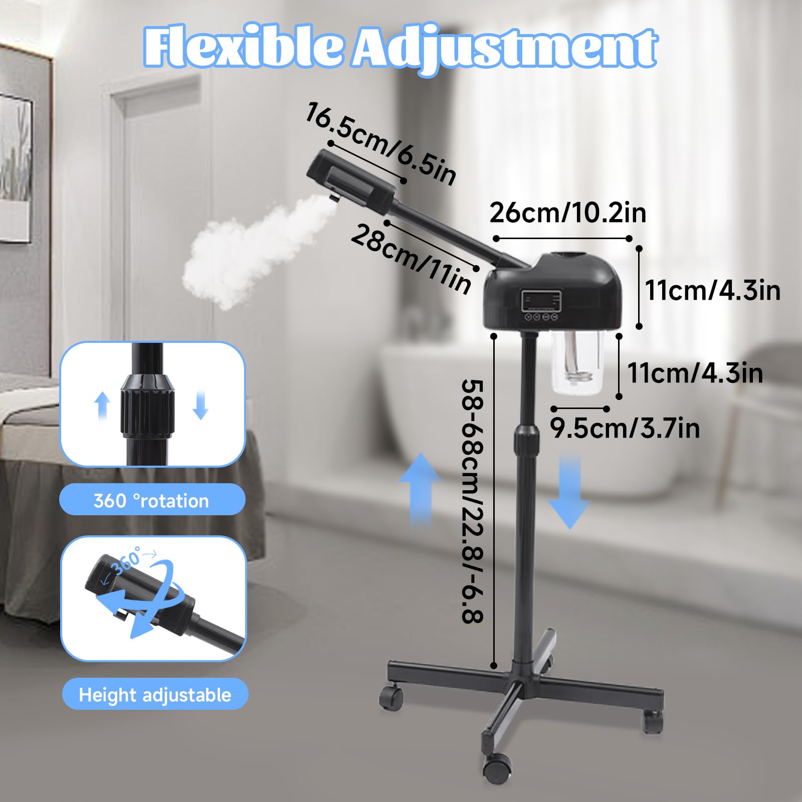 Tragbarer Vapozon, ästhetisch, professionell, höhenverstellbar, Gesichtsdampf, mit LCD-Display und Rollen, geeignet für Schönheitssalons, zu Hause (schwarz)