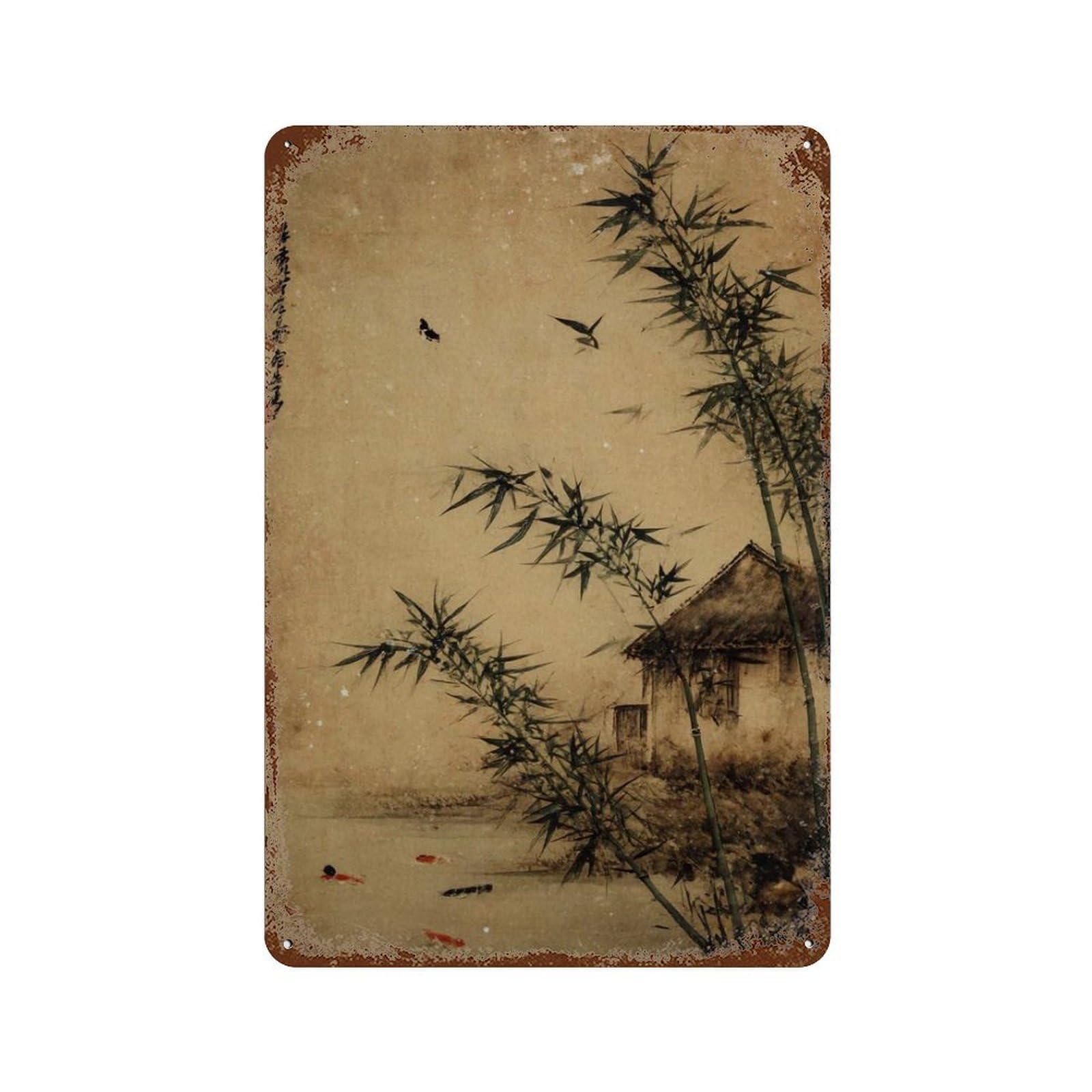 xiaoxiaoshen Japanese Garden Bamboo And Koi Pond Traditional Ink Wash Zen Nature Scene Asian Wall Decor Art Metal Tin Poster Modern Home Decor Art Home Bar Shop Decorations Vintage Sign 30x20cm