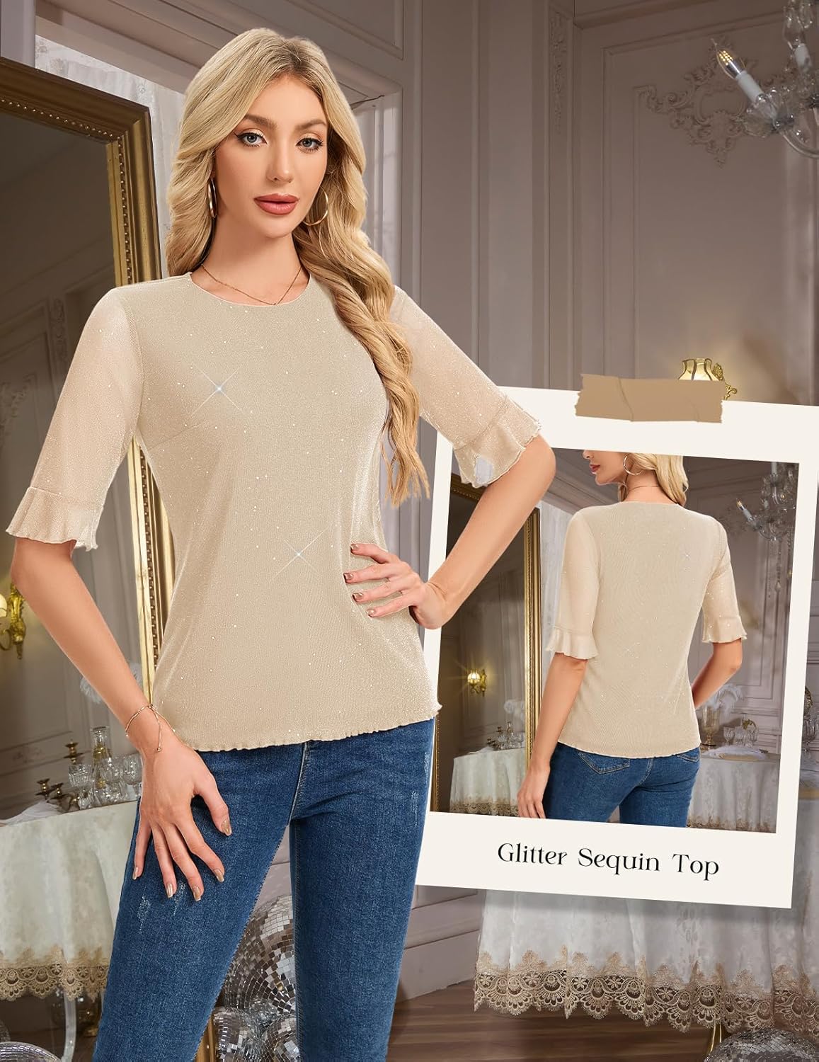 HomRain Womens Ruffle 3/4 Sleeve Sparkle Top Blouses Casual Shirts Crew Neck Glitter Night Out Tops for Elegant Evening - Image 3
