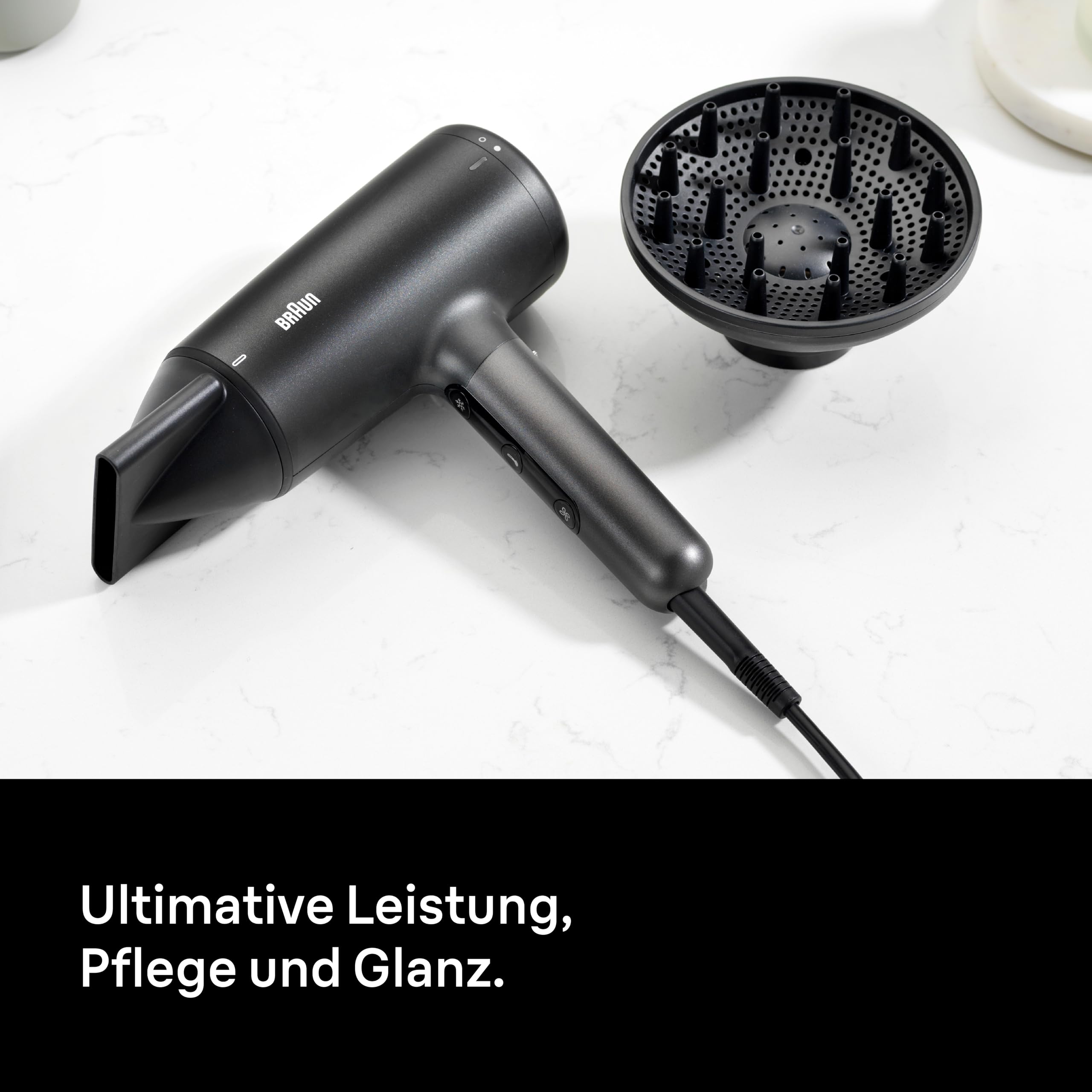 Braun Haartrockner HD4.2 – Leichter Hochleistungs-Föhn mit Diffusor und Stylingdüse für alle Haartypen, Super IONTEC Technologie, 2100W, 3 Temperaturen und 3 Geschwindigkeiten, Schwarz-Grau, BRHD425E