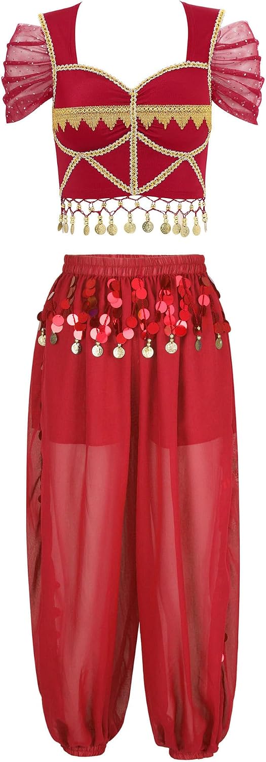 Women Built-in Chest Pads Belly Dance Crop Tops With Lantern Pants Outfits Carnival Party Costume