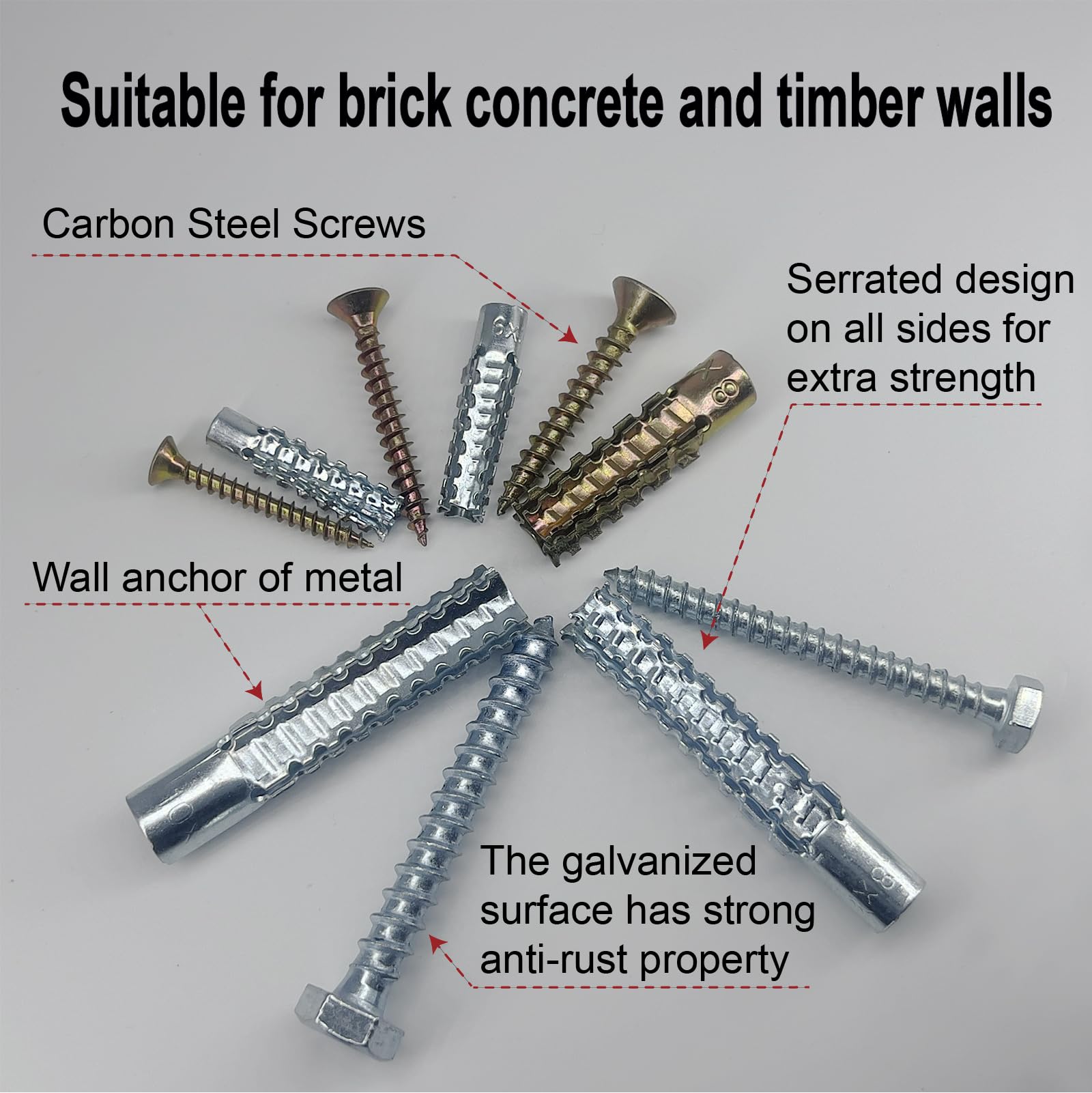 ZUYUEE 30PCS 3/8×2-3/8 in Screws and Wall Plugs Set,Concrete Anchors Wall Plugs for Brick, Bronze and Silver - Image 4