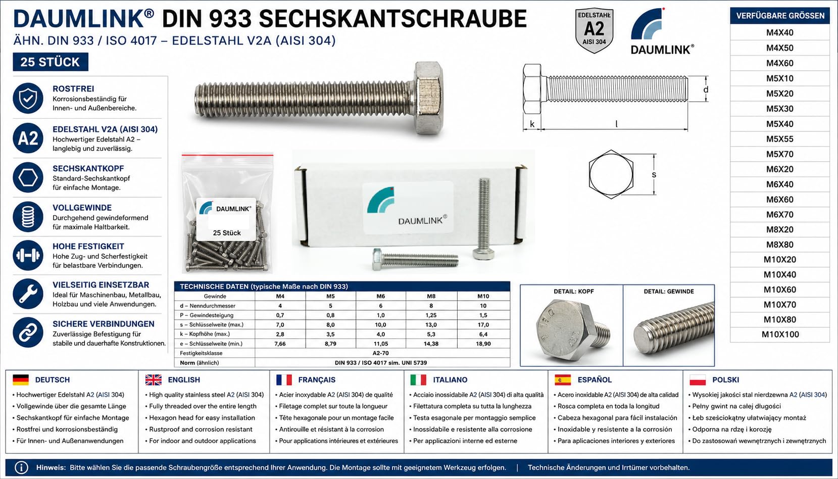 Viti a Testa Esagonale DIN 933 Inox A2-70 – Confezione da 25 – Filettatura totale – Vari diametri e lunghezze – Viteria inox per fissaggi meccanici (M4X50)