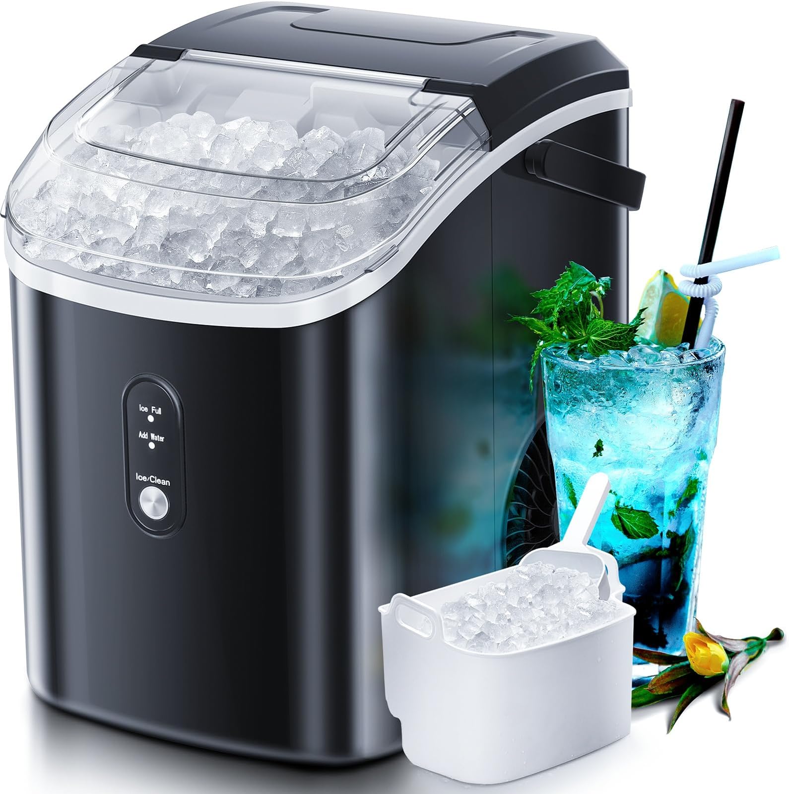 Nugget Countertop Ice Maker with Soft Chewable Pellet Ice, Automatic 34Lbs/24H,Pebble Portable Ice Machine with Ice Scoop, Self-Cleaning, One-Click Operation, for Kitchen,Office, Bar(Highlight Black)