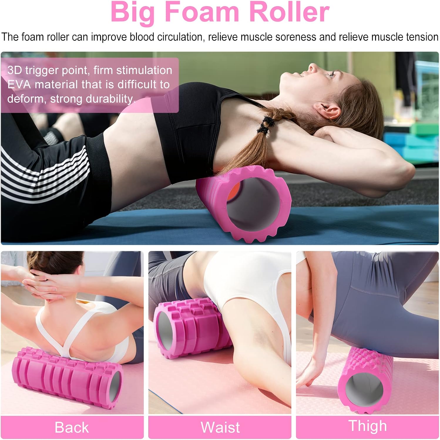 5 in 1 Foam Roller Set Includes Hollow Core Massage Roller, Yoga Stick, Massage Ball, Fitness Stretching Strap, Carrying Bag, Towel, Massage Roller (Pink)