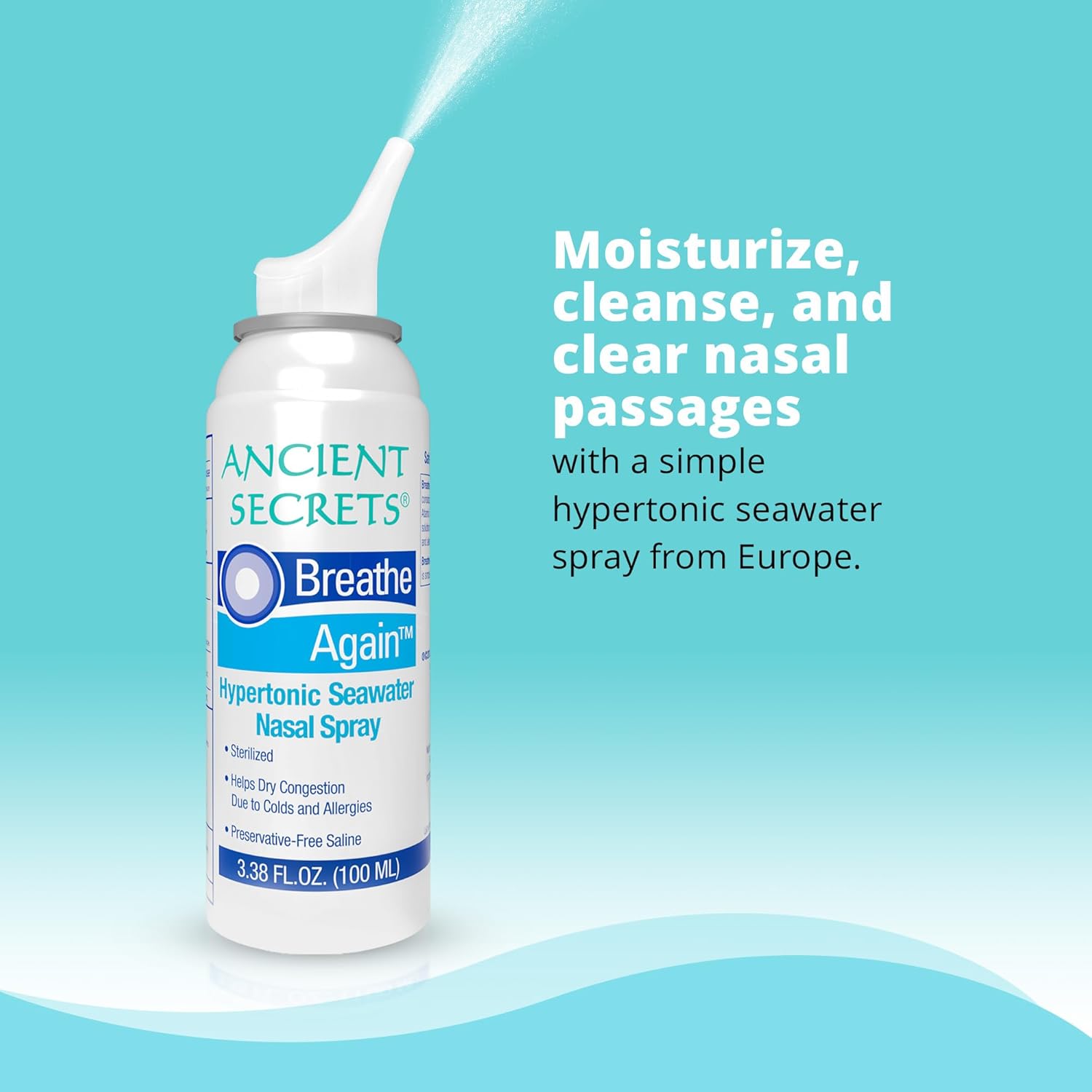 ANCIENT SECRETS Saline Nasal Spray - Breath Again Hypertonic Seawater Nasal Spray, Allergy & Sinus Relief, Nasal Congestion Moisturizer, 3.38 Fl Oz (Pack of 3)