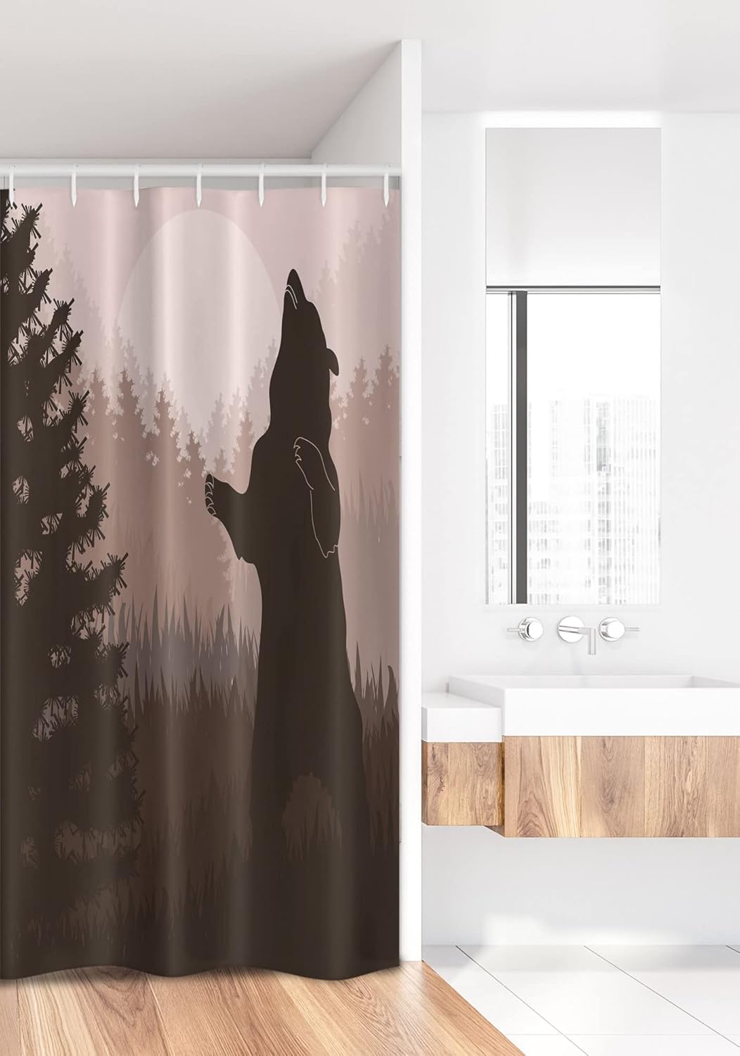 Ambesonne Nature Stall Shower Curtain, Silhouette of Wild Bear in The Jungle Woodland at Dark Night Illustration, Fabric Bathroom Decor Set with Hooks, 36" W x 72" L, Army Green Pale Peach