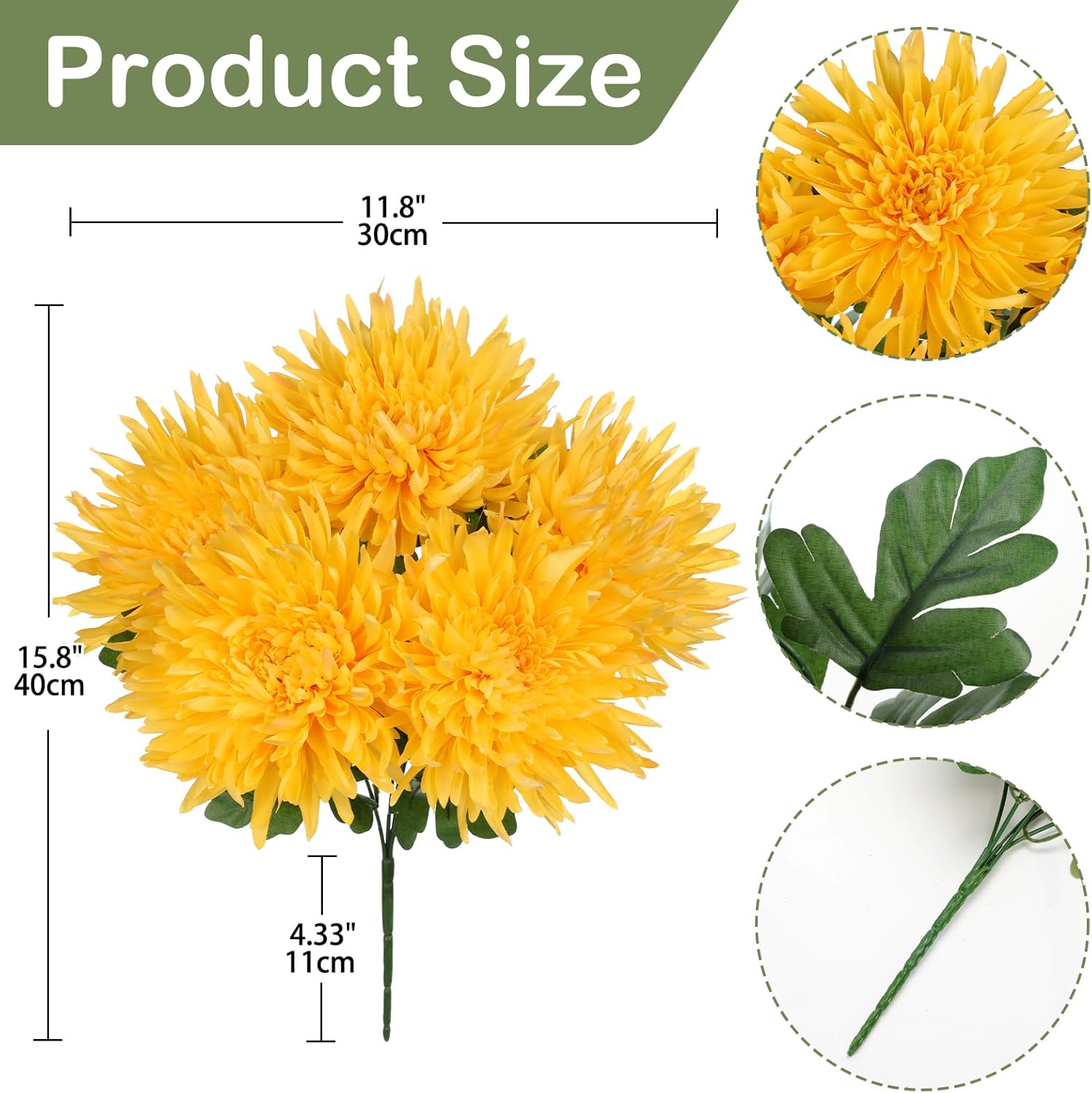 Hollyone Yellow Artificial Mums Flowers Bush 5 Heads Silk Chrysanthemum Flowers Stems Wedding Bouquets Faux Spider Mum Flowers Large Floral Arrangements Fake Pincushion Flower for Home Decor - Image 2