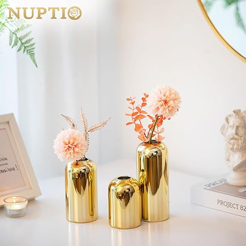 Miniatura 3 de NUPTIO Bud Jarrones dorados pequeños juego de 3 jarrones de cristal para boda, centro de mesa, jarrón de mesa a granel para decoración