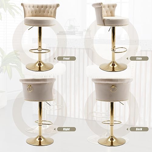 Miniatura 8 de Juego de 2 taburetes de bar giratorios de terciopelo de 360°, butacas ajustables para barra de cocina con respaldo de clavos, base dorada