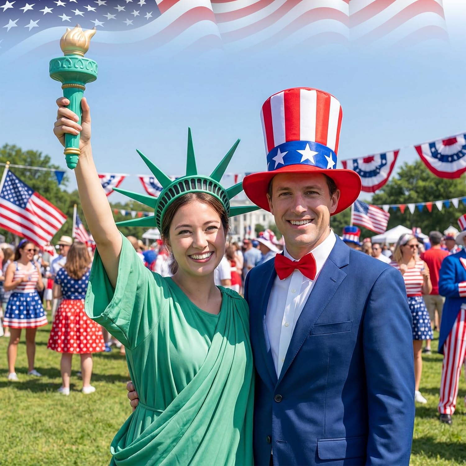 Skicuff 4 Pcs American Patriotic Costume Accessories Set American Flag Top Hat Bow Ties Statue of Liberty Crown Headband and Torch for 4th of July Independence Day 250th Anniversary