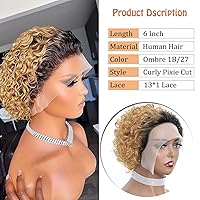 Vista 2 de Pelucas rubias degradadas con encaje frontal de 6 pulgadas, cabello humano de 13 x 1, corte Pixie, pelucas cortas rizadas de encaje HD, pelucas