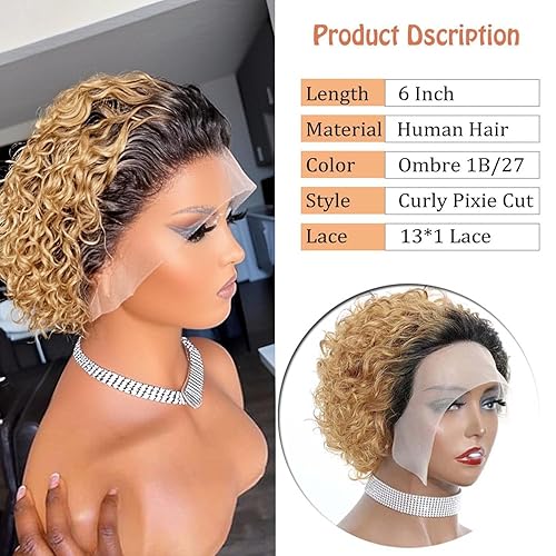 Miniatura 2 de Pelucas rubias degradadas con encaje frontal de 6 pulgadas, cabello humano de 13 x 1, corte Pixie, pelucas cortas rizadas de encaje HD, pelucas