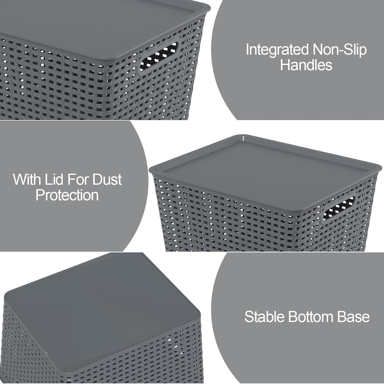 6 Packs Large Plastic Storage Basket Bin with Lid, Tall Stackable Lidded Organizer Baskets for Desktops, Closets, Shelves, Gray