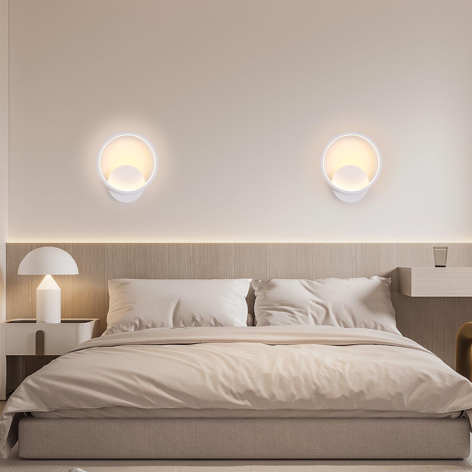 Applique da Parete Interno 2 Pezzi, 12W 1350LM Lampada da Parete Moderno Rotonda in Alluminio, Lampade da Muro per Camera da Letto, Soggiorno, Corridoio, Scale, 3000K Bianco Caldo, Bianca, Ø20cm