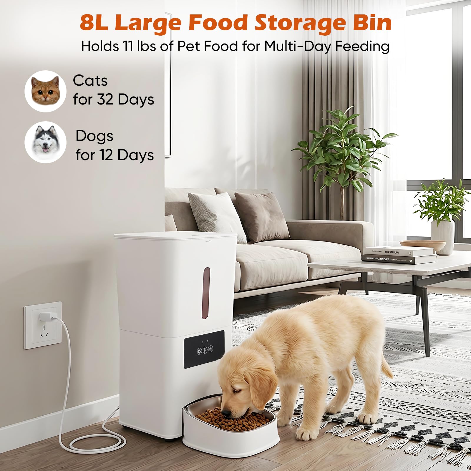Distributeur Automatique de croquettes 8L Intelligent, Wi-FI & app, 1-10 Repas/Jour, portions 20g, minuterie, Chats & Chiens, capacité 5kg, étanche, Anti-Blocage, Voix personnalisée