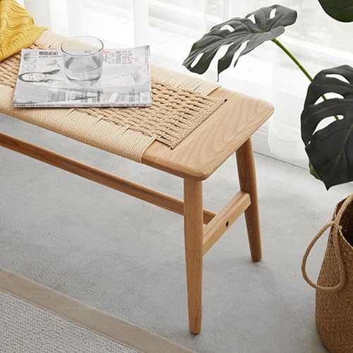 Miniatura 6 de Banco de comedor de madera, roble macizo 100% natural con diseño de ratán, borde redondeado, banco de entrada para comedor, dormitorio, sala de