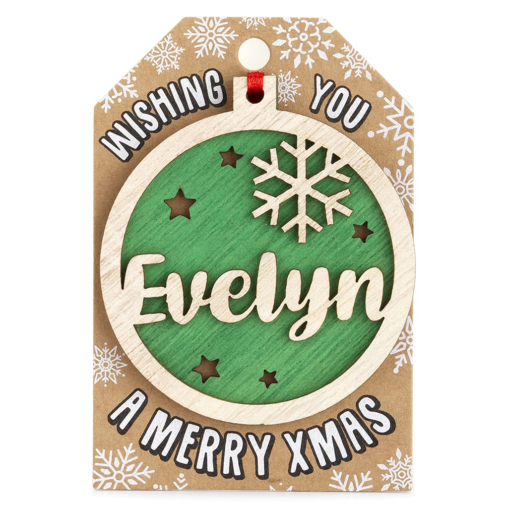 Stands Out, Supplying Outstanding Gifts Evelyn Personalised Wooden Name Green Hanging Christmas Tree Bauble Decoration