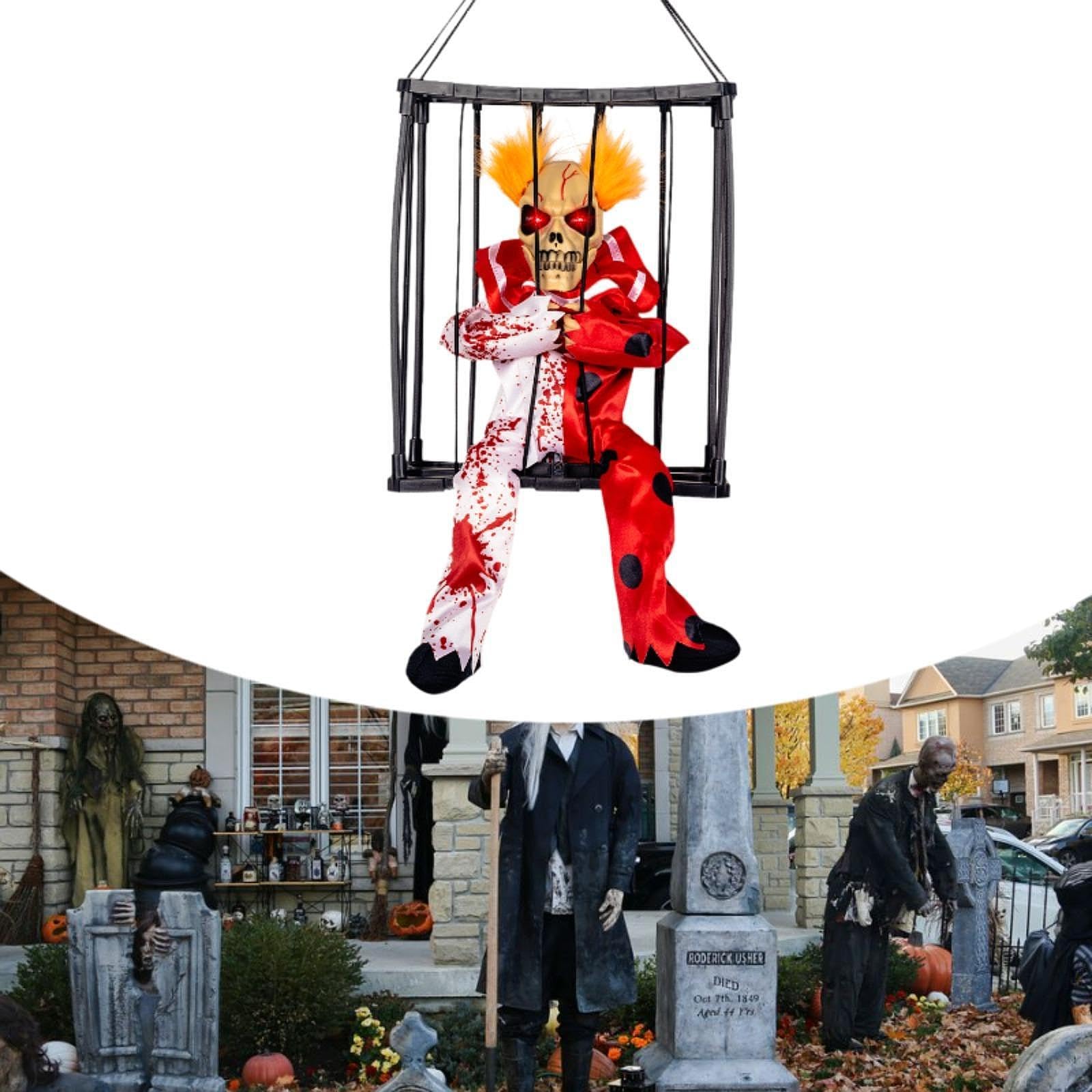 Halloween Hängehorrorfigur Skelett Gefangener Käfig mit Sprechender Dekoration Leuchtende Augen Schreifunktion Pp Material für Hausparty Gartendekorat, Rot-Weiss