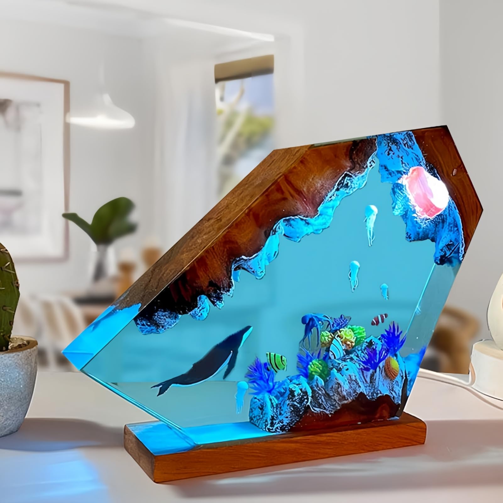 Drawelry Ocean Epoxy Resin Night Lamp 3D Sculpture Sea Animal Orca Whale Turtle with Wooden Base, Ambient LED Light for Home Decor, Unique Creative Gift (A4)