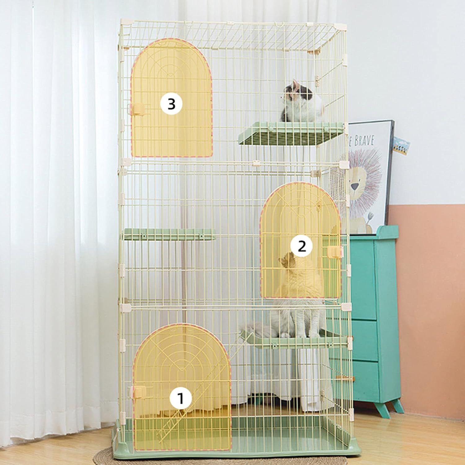 Cat Cage Large Cat Cage Indoor Cat Playpen Metal Wire Kennels Crate Small Animal Cage for Kitten Guinea Pig Ideal for 1-4 Cat (Green Third floor)