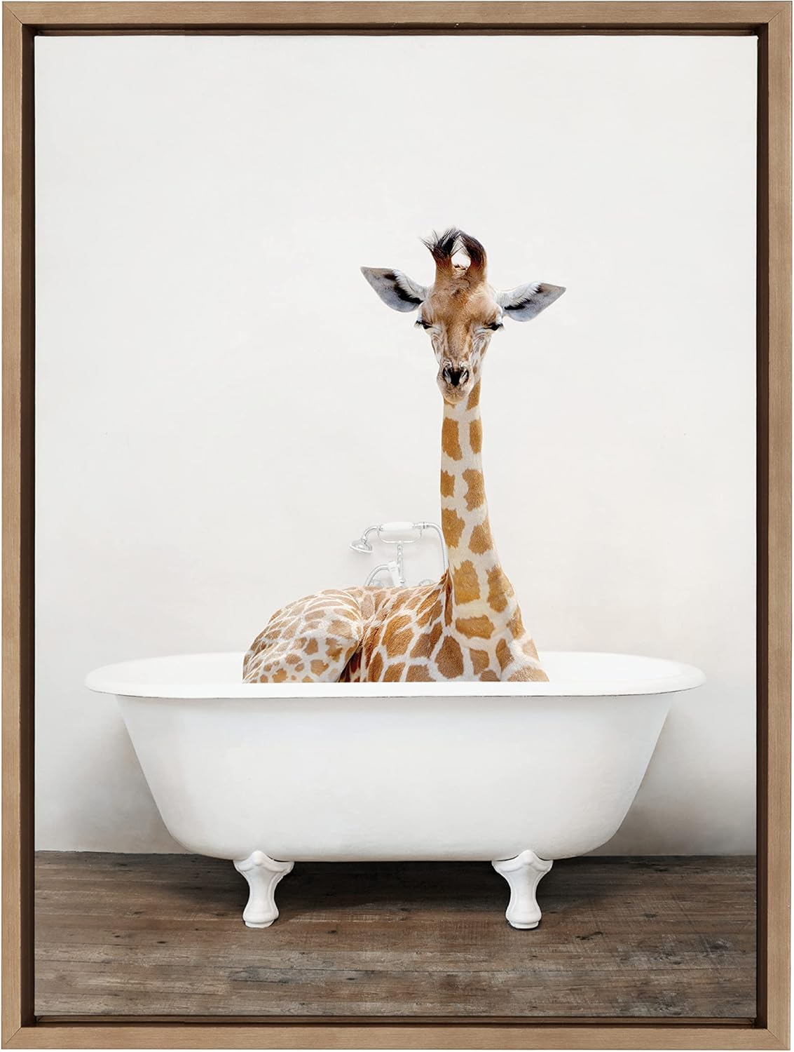 Kate and Laurel Sylvie Giraffe 2 in the Tub Color Framed Canvas Wall Art by Amy Peterson Art Studio; 18x24 Gold; Modern Fun Decorative Bathtub Wall Art for Home Décor