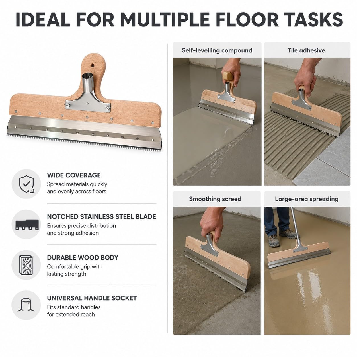 Rasqueta de piso epoxi, herramienta autonivelante resistente con 2 escobillas con muescas, diseño desmontable de 56 cm para aplicaciones de garaje y suelos industriales