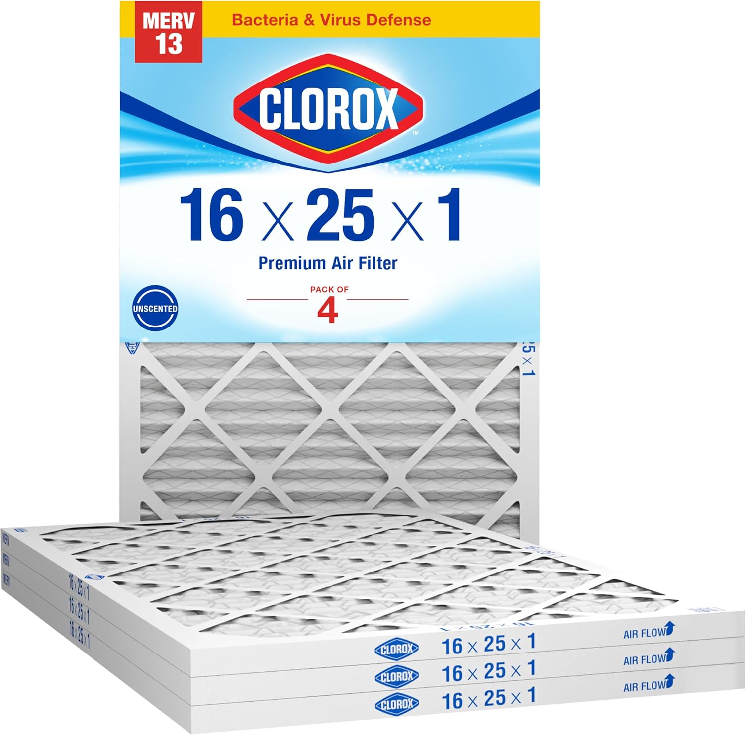 Clorox 16x25x1 Air Filter, MERV 13 Pleated HVAC AC Furnace Air Filters, MPR 1500 & FPR 10 – Pack of 4 16x25x1 MERV 13