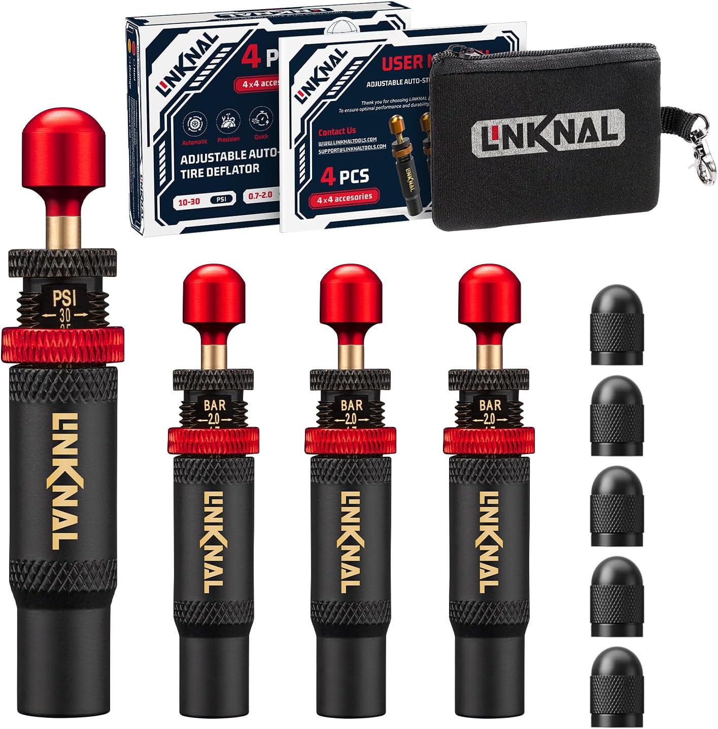 LINKNAL Adjustable Auto-Stop Tire Deflator Valve Kit (10-30 PSI/0.7-2 BAR), 4 PCS Screw-on Air Down Tool for Offroad 4x4, Jeep, Truck, SUV - with Storage Bag & 5 Valve Caps