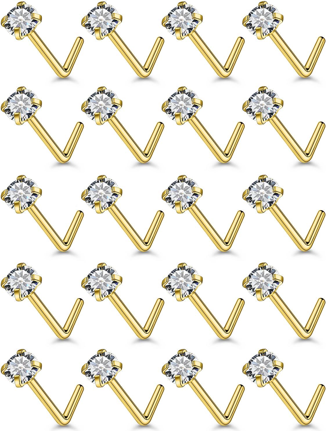 20Pcs Nose Rings Studs Surgical Steel L-Shape Nose Rings for Women 2mm Cubic Zirconia Nose Screw Studs Hypoallergenic Nose Piercings 22g 20g 18g