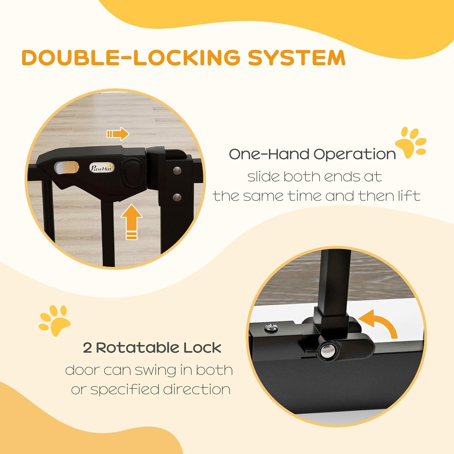Diagram illustrating the double-locking system of the PawHut pet gate, showing how to slide and lift the top lock for one-hand operation and the two rotatable bottom locks.