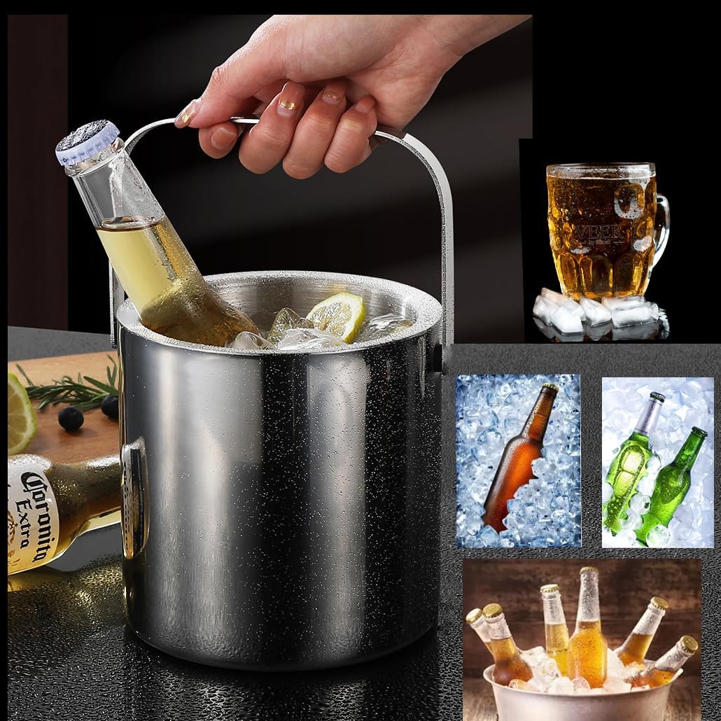 Ice Bucket with Lid for Parties - 3L Ice Bucket Double Wall Ice Bucket for Cocktail Bar Parties KTV,Stianless Steel Ice Bucket with Lid to Keep Ice Frozen Longer to Cool Chilling Wine Champagne