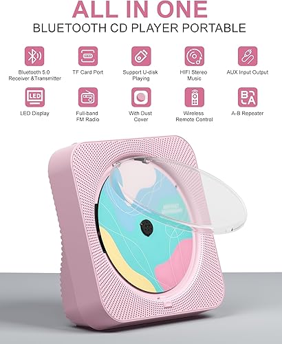 Miniatura 6 de ENVYCLOUD Reproductor de CD portátil con Bluetooth 5.1 Reproductor de CD de escritorio con altavoces de sonido de alta fidelidad, control remoto,