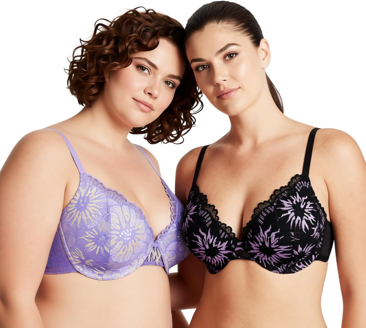 Curve Muse Women's Plus Size Lightly Padded Full Coverage Underwire Lace Bra-2PK