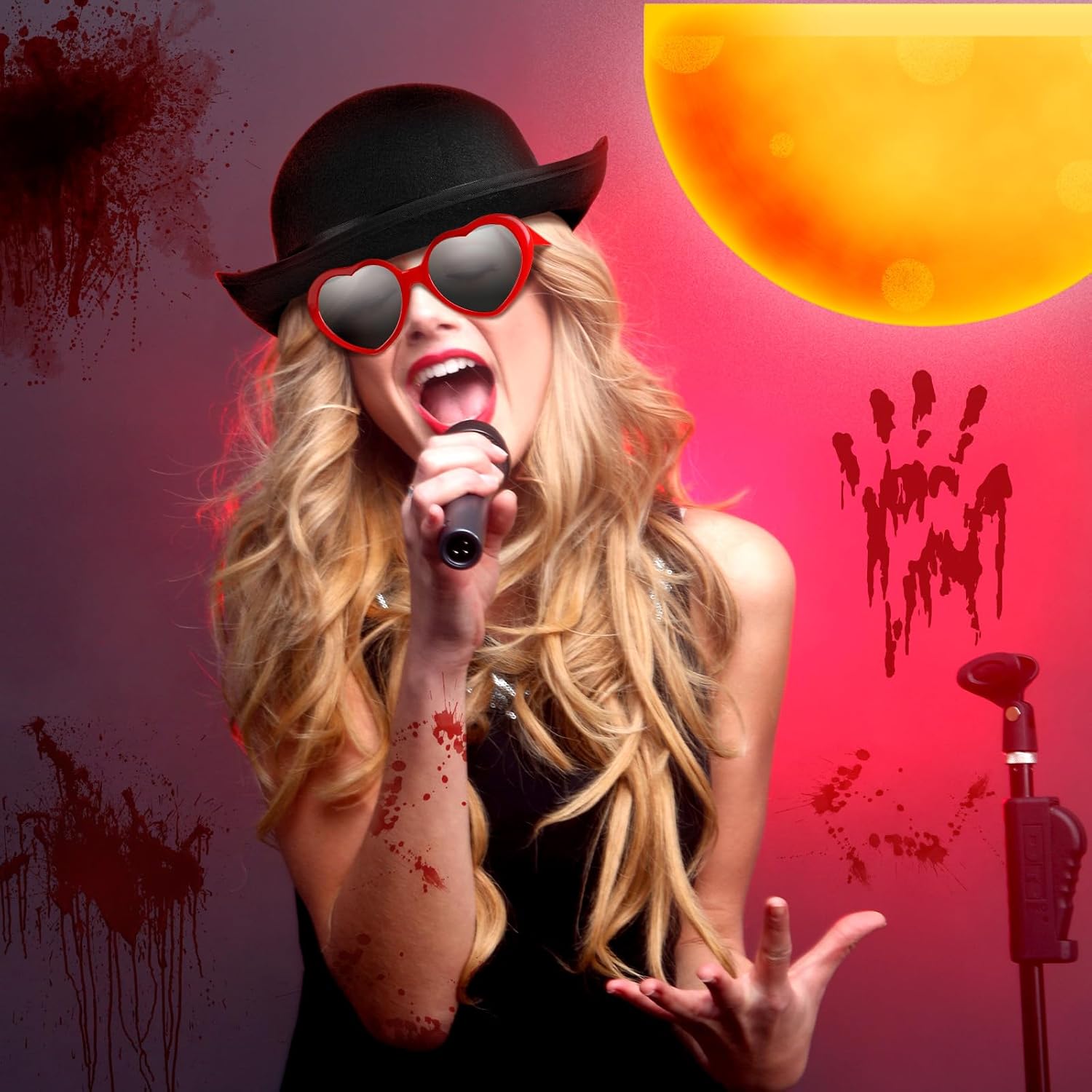 Riceshoot 3 Pcs Halloween Singer Costume Accessories Include Blonde Wig Black Bowler Hat with Red Heart Sunglasses for Costume Party Music Festival Concert